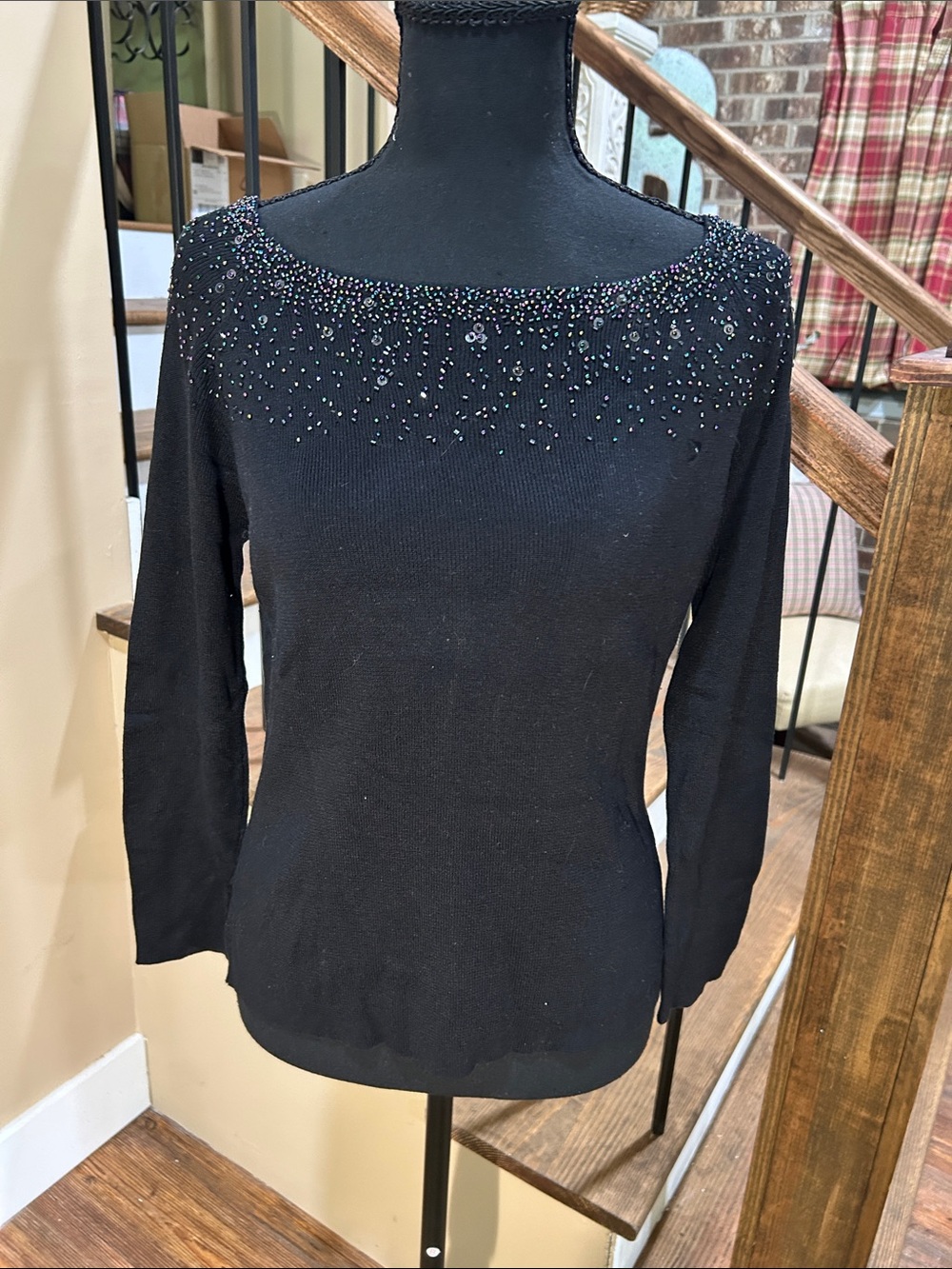 Joseph A.  M / L  Black 3/4 Sleeve Boatneck silk sweater Top Iridescent Beading